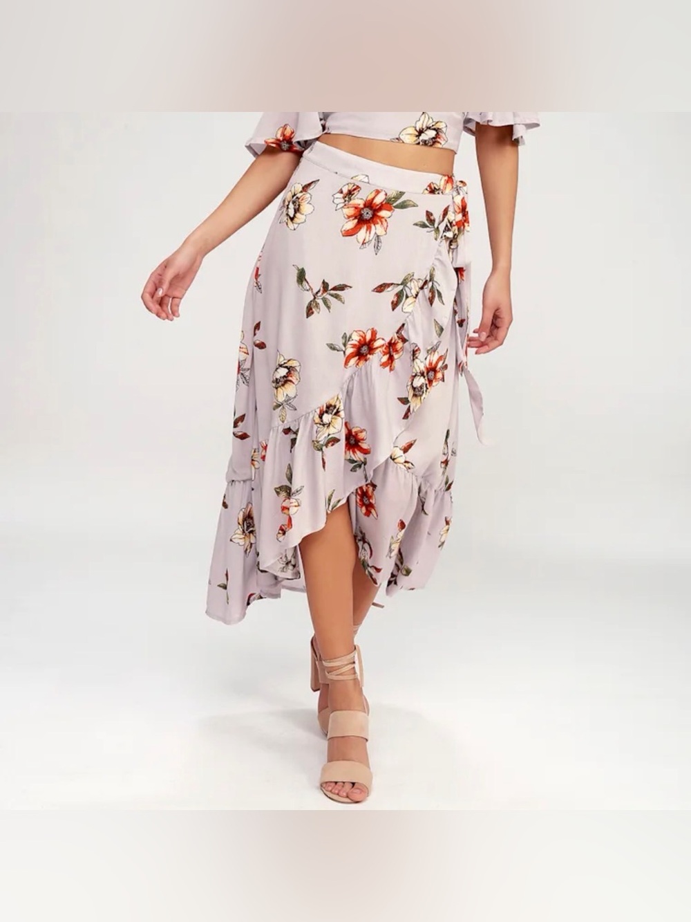 LULUS Women’s Heyday Lavender Floral Print Wrap Midi Skirt Size Small
